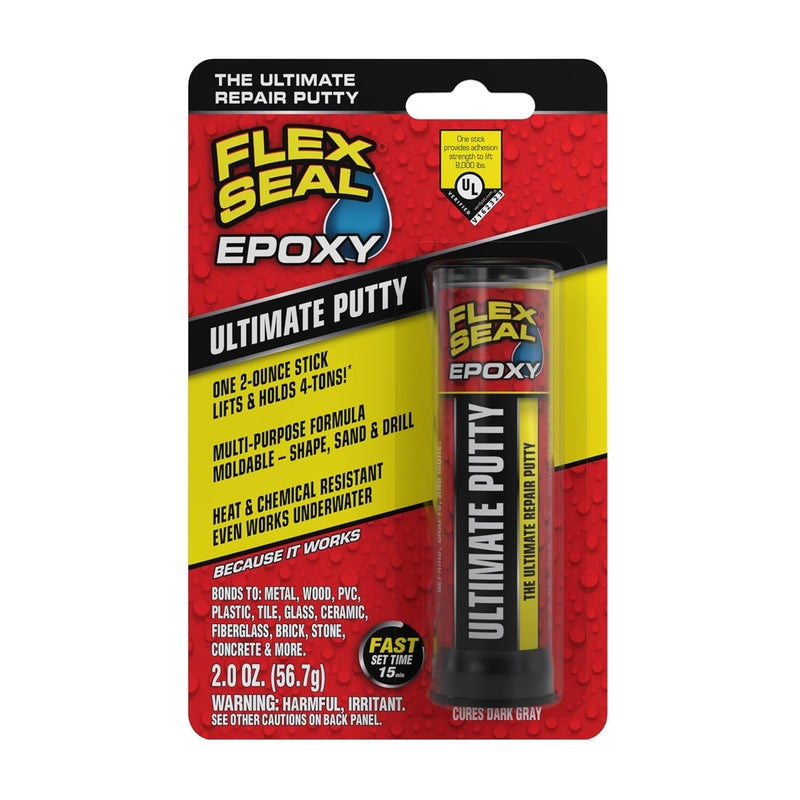 Flex Seal إيبوكسي، معجون نهائي، متعدد الأغراض، متين، دائم، محكم ضد الماء، رابطة طويلة الأمد، للاستخدام في السيارات، البحرية، السباكة، المنزل، وإصلاح الأدوات، يجف بلون رمادي داكن، 2 أونصة من معجون العصا - Image 1